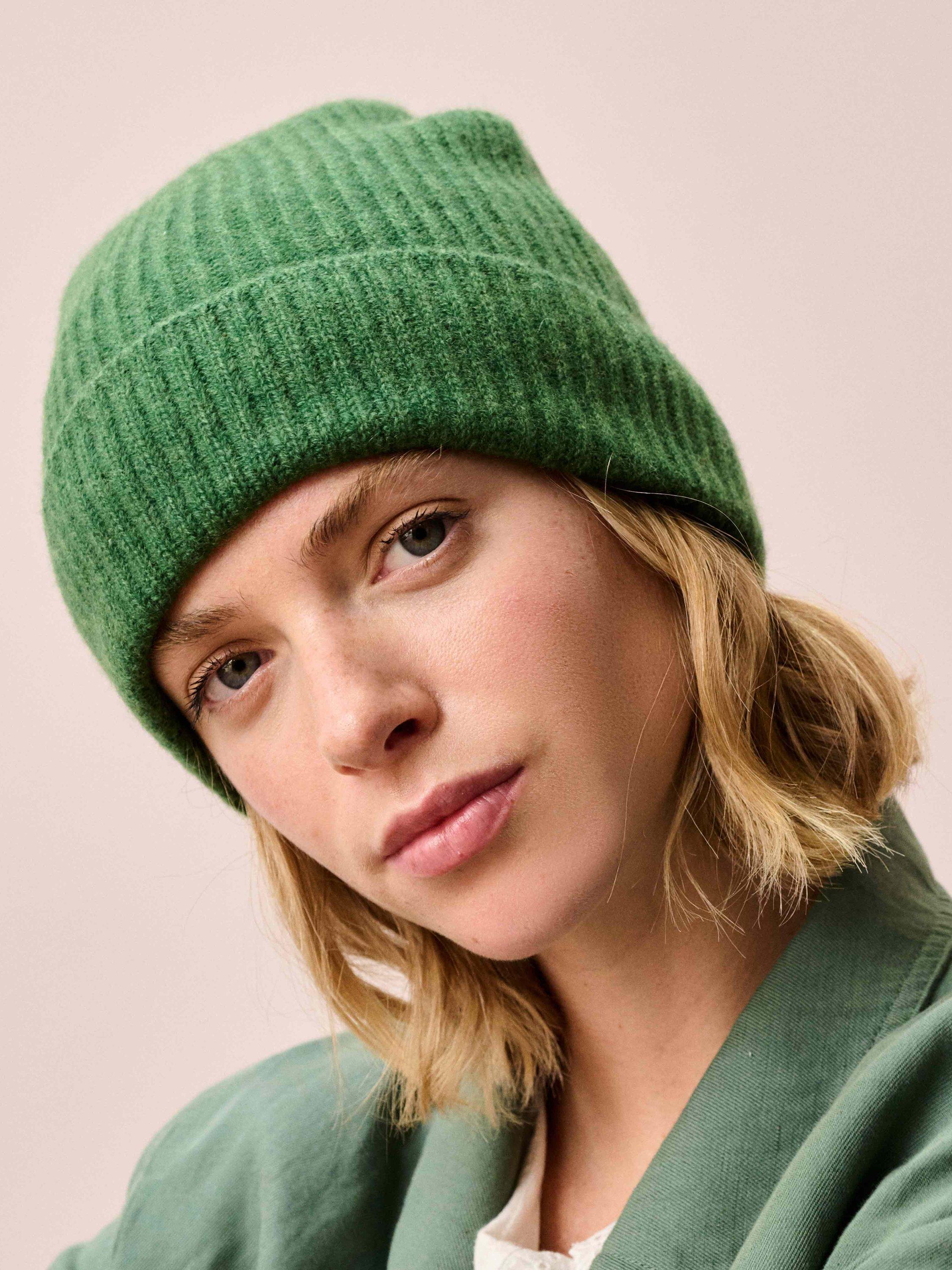 Product image 2 of 2, which shows Brora Ribbed Pure Cashmere Beanie Hat, Parsley, One Size