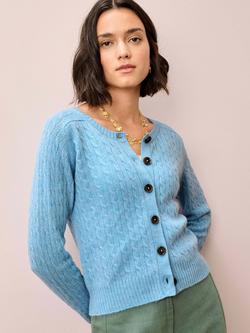 Brora Round Neck Cable Knit Pure Cashmere Cardigan, Blue