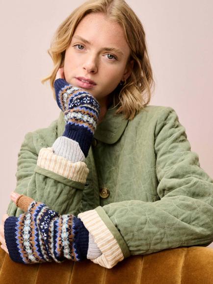 Brora Folk Pure Cashmere Wrist Warmers - view 2, French Navy