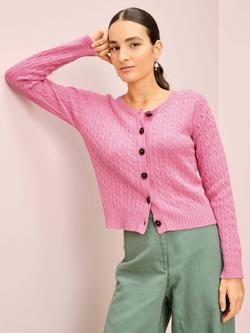Brora Round Neck Cable Knit Pure Cashmere Cardigan, Pink