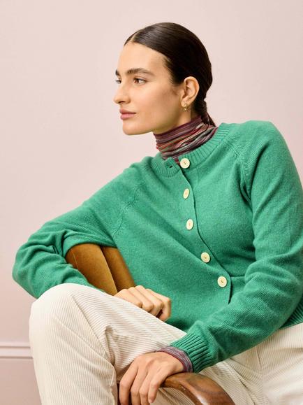 Brora Round Neck Pure Cashmere Cardigan, Celadon - view 2, Celadon