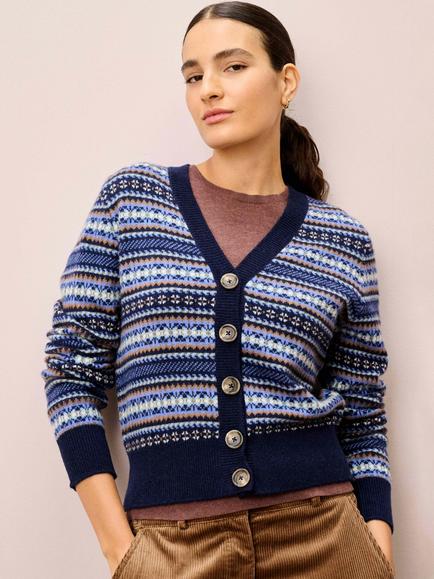 Brora Fair Isle V-Neck Pure Cashmere Cardigan, French Navy, French Navy