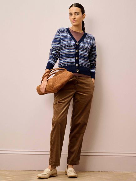 Brora Fair Isle V-Neck Pure Cashmere Cardigan, French Navy - view 2, French Navy