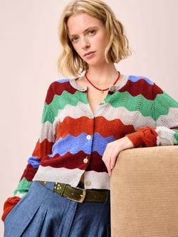 Brora Wavy Stripe Pure Cashmere Cardigan, Multi - view 2, Multi