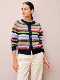 Brora Stripe Crew Neck Pure Wool Cardigan, Navy, Navy