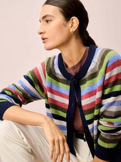 Brora Stripe Crew Neck Pure Wool Cardigan, Navy - view 2, Navy