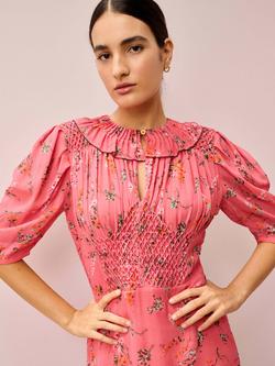 Brora Floral Pure Silk Dress, Coral - view 2, Coral