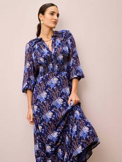 Brora Block Print Pure Silk Dress, Navy, Navy