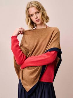 Brora Colour Block Pure Cashmere Poncho, Caramel/French Navy, Caramel/French Navy