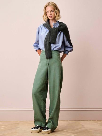 Brora Stripe Frill Trim Shirt, Sky - view 2, Sky