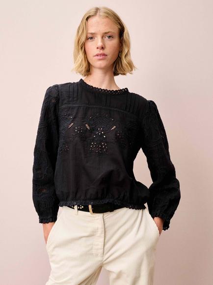 Brora Floral Broderie Anglaise Top, Black, Black