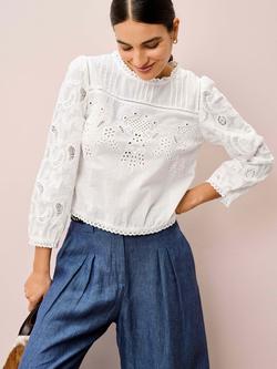 Brora Floral Broderie Anglaise Top, White, White