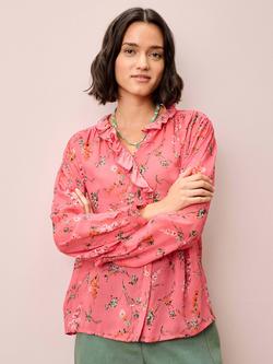 Brora Botanical Frill Pure Silk Blouse, Coral, Coral