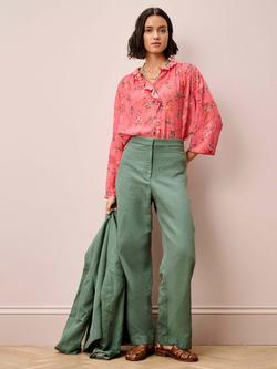 Brora Botanical Frill Pure Silk Blouse, Coral - view 2, Coral