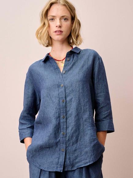 Brora Cross Weave Pure Linen Shirt, Indigo, Indigo