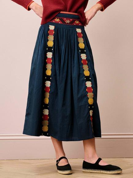 Brora Folk Embroidered Maxi Skirt, Indigo, Indigo