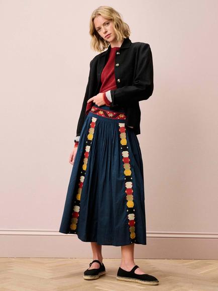 Brora Folk Embroidered Maxi Skirt, Indigo - view 2, Indigo