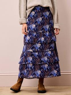 Brora Floral Tiered Pure Silk Skirt, Navy, Navy