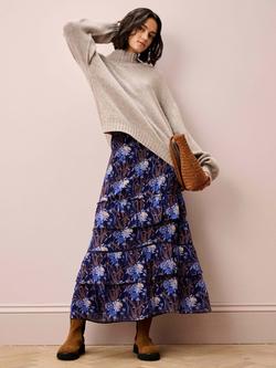 Brora Floral Tiered Pure Silk Skirt, Navy - view 2, Navy