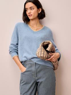 Brora V-Neck Colour Contrast Wool Rich Jumper, Blue, Blue