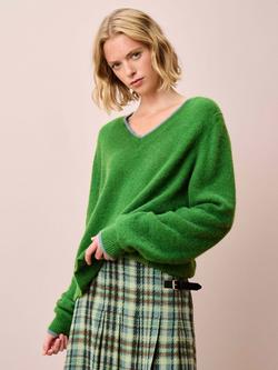 Brora V-Neck Colour Contrast Wool Rich Jumper, Green, Green
