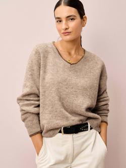 Brora V-Neck Colour Contrast Wool Rich Jumper, Natural, Natural
