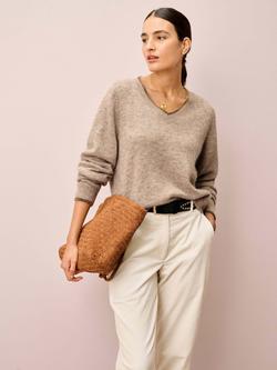 Brora V-Neck Colour Contrast Wool Rich Jumper, Natural - view 2, Natural
