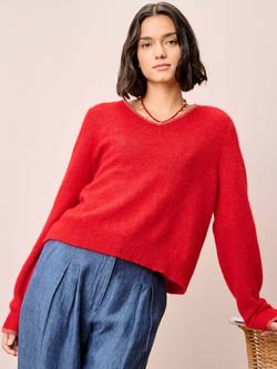 Brora V-Neck Colour Contrast Wool Rich Jumper, Poppy, Poppy
