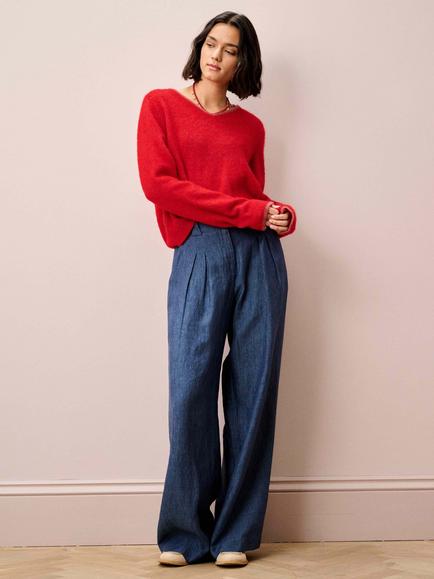 Brora V-Neck Colour Contrast Wool Rich Jumper, Poppy - view 2, Poppy