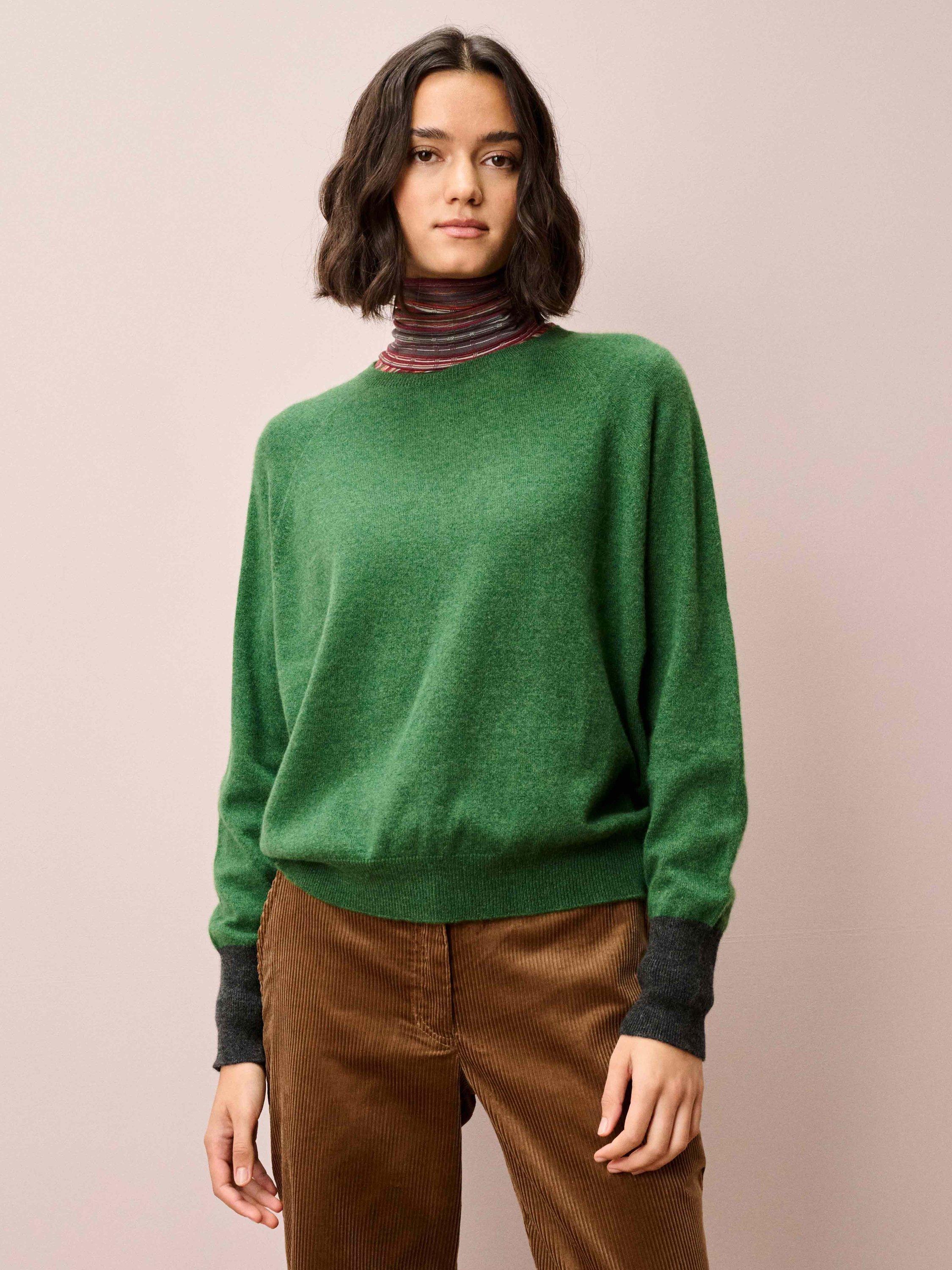 Product image 1 of 5, which shows Brora Contrast Cuff Batwing Pure Cashmere Jumper, Parsley/Multi, 8-10