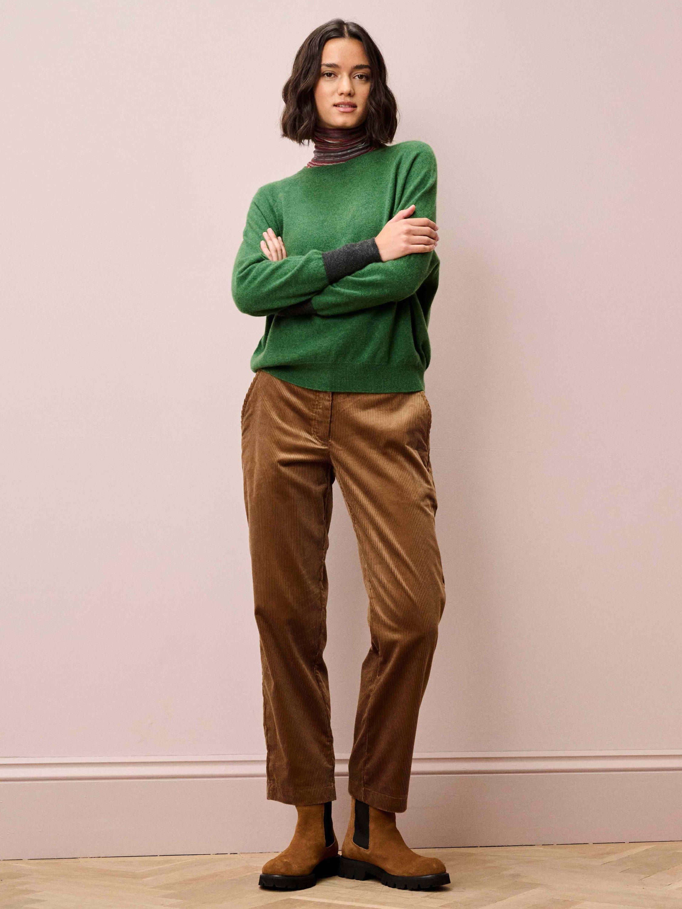 Product image 2 of 5, which shows Brora Contrast Cuff Batwing Pure Cashmere Jumper, Parsley/Multi, 8-10