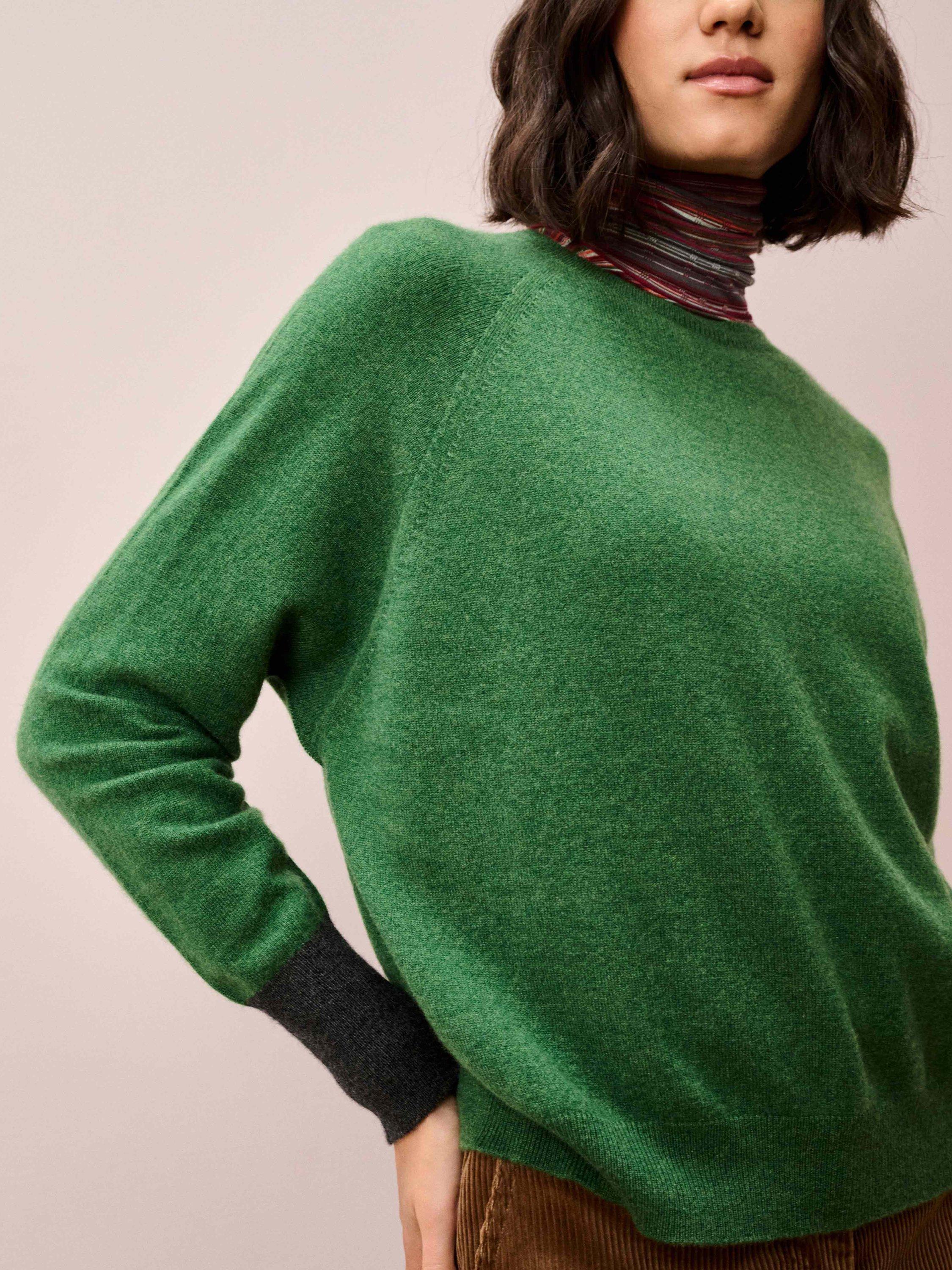 Product image 4 of 5, which shows Brora Contrast Cuff Batwing Pure Cashmere Jumper, Parsley/Multi, 8-10