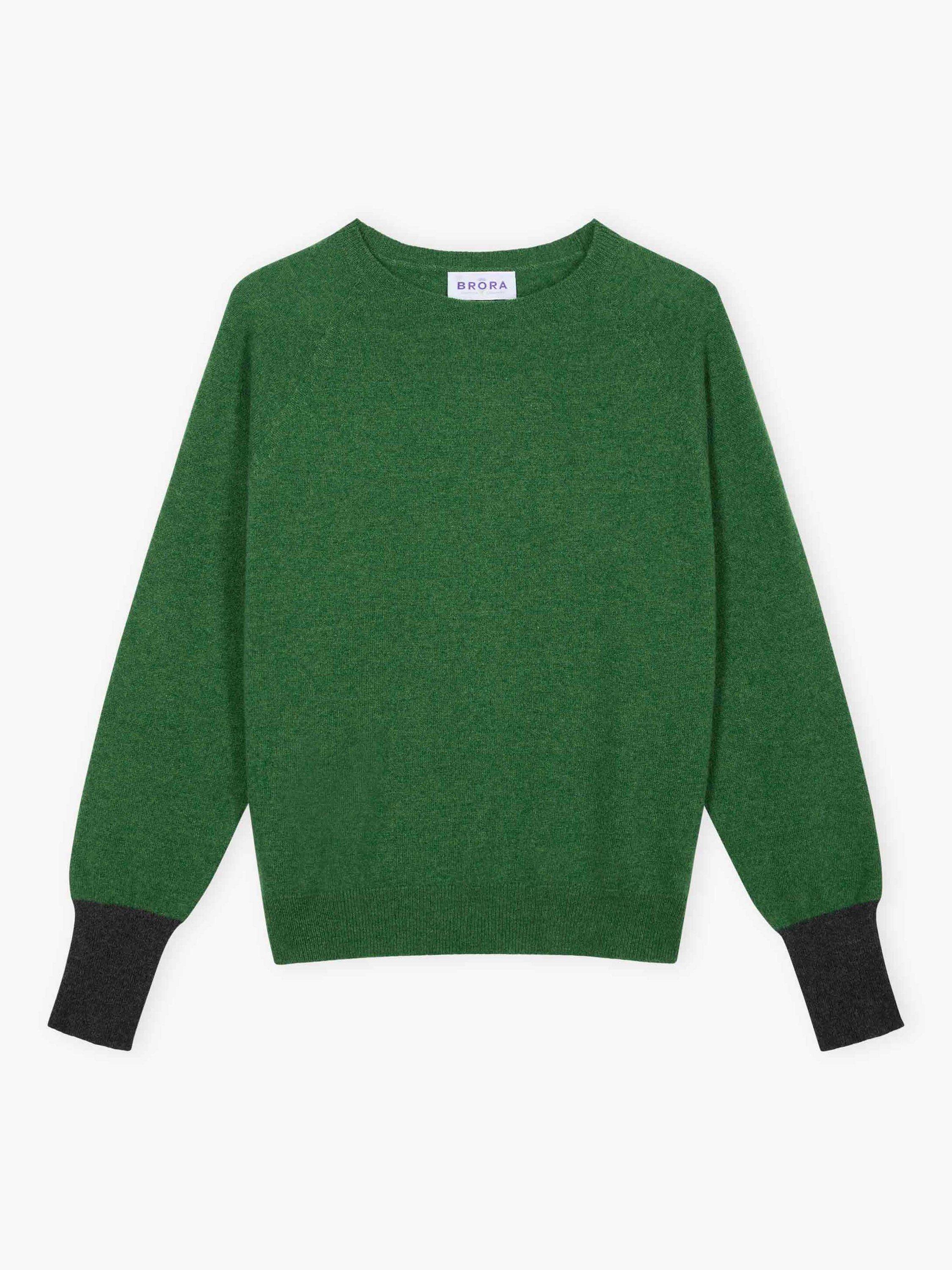Product image 5 of 5, which shows Brora Contrast Cuff Batwing Pure Cashmere Jumper, Parsley/Multi, 8-10