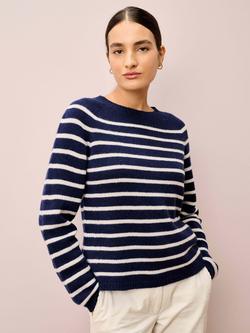 Brora Breton Stripe Pure Cashmere Jumper, Navy/White, Navy/White