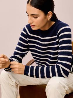 Brora Breton Stripe Pure Cashmere Jumper, Navy/White - view 2, Navy/White