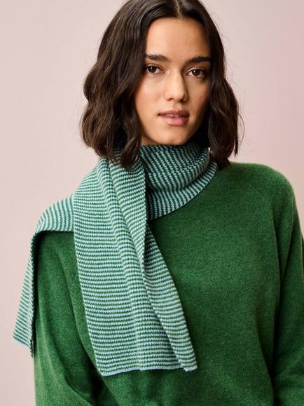Brora Fine Stripe Pure Cashmere Scarf, Porcelain/Parsley - view 2, Porcelain/Parsley
