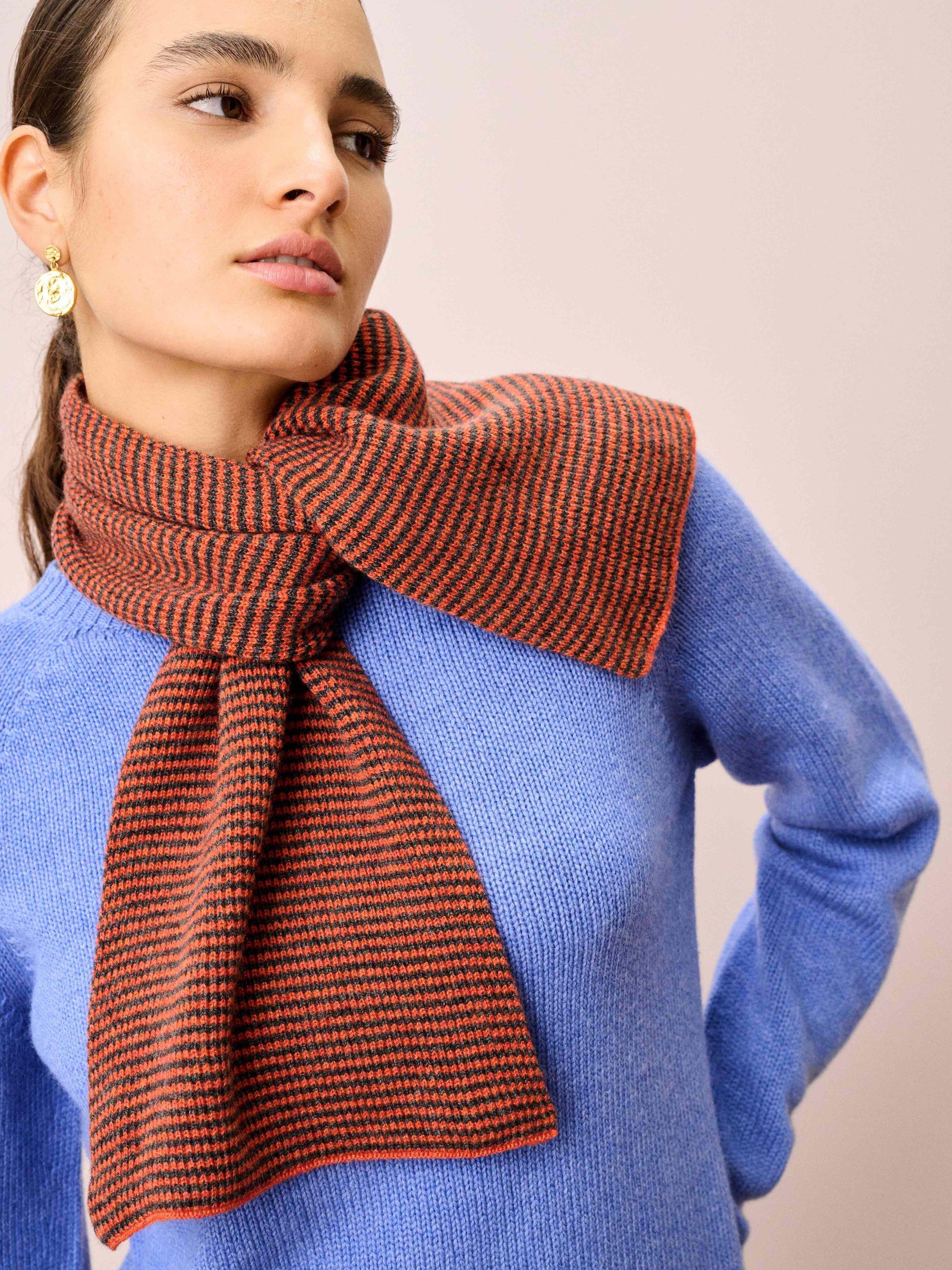 Product image 2 of 2, which shows Brora Fine Stripe Pure Cashmere Scarf, Spice/Smoke, One Size