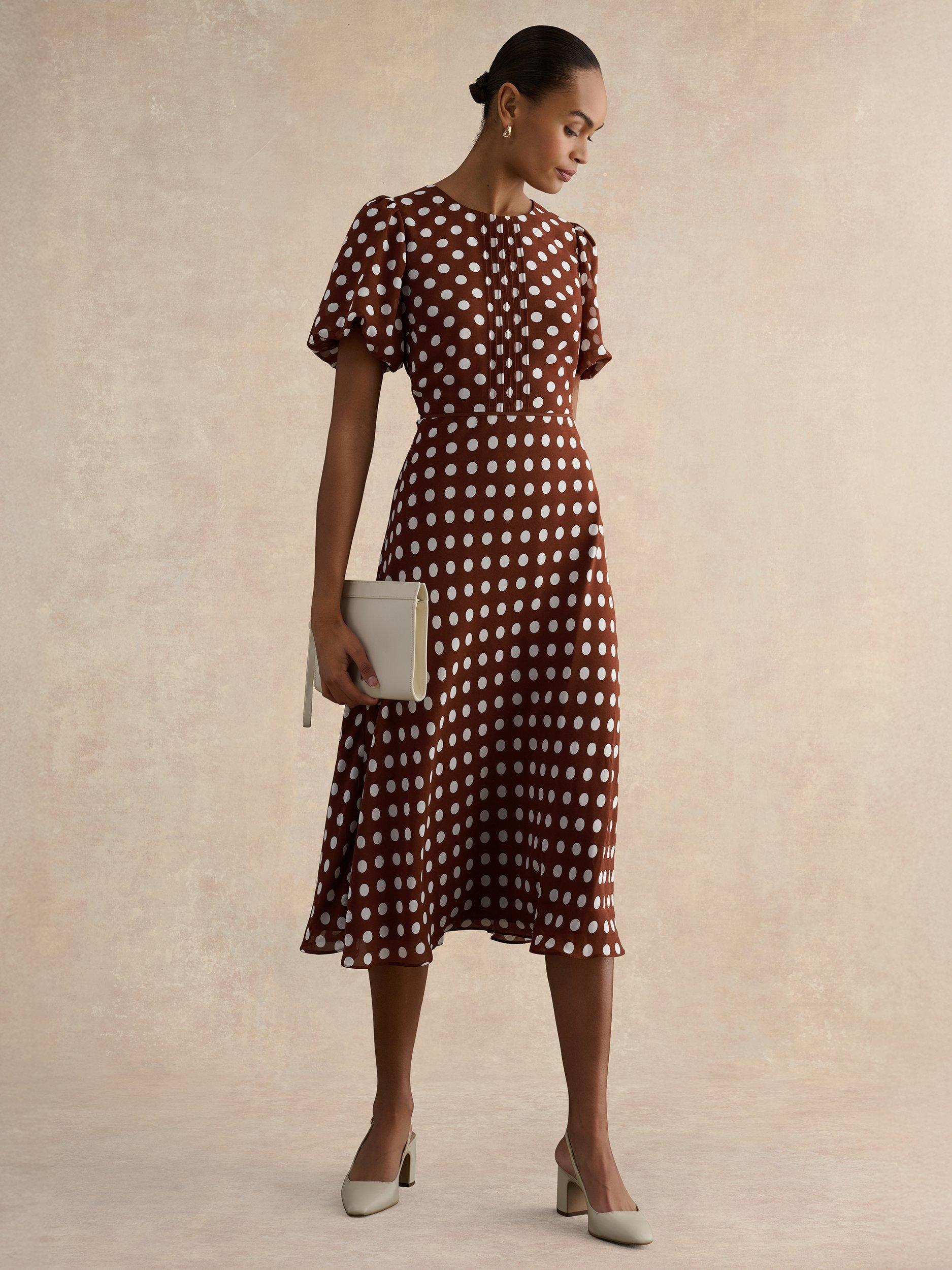 Hobbs Dorothy Polka Dot Midi Dress, Brown/Ivory