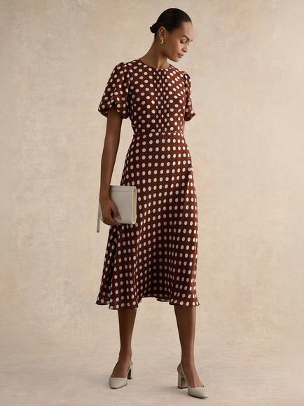 Hobbs Dorothy Polka Dot Midi Dress, Brown/Ivory, Brown/Ivory