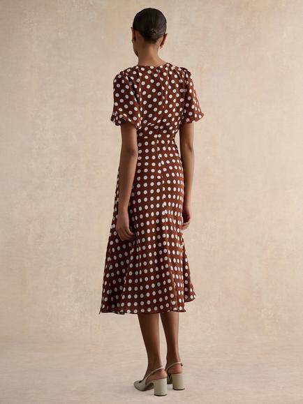 Hobbs Dorothy Polka Dot Midi Dress, Brown/Ivory - view 2, Brown/Ivory