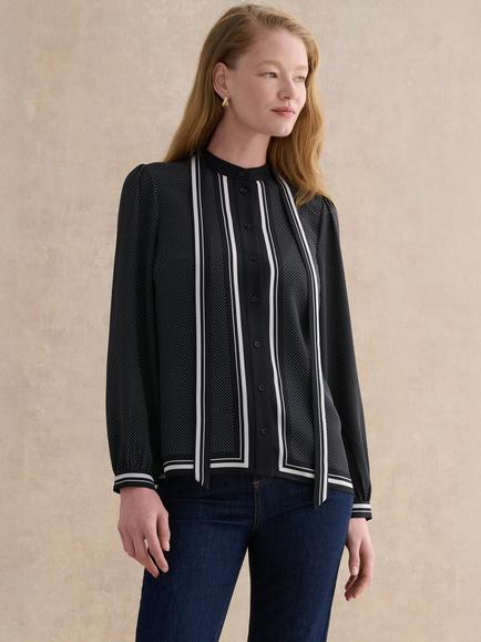 Hobbs Valerie Polka Dot Tie Neck Top, Navy/Ivory, Navy/Ivory