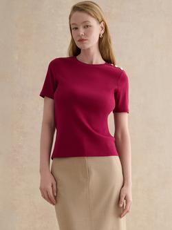 Hobbs Tamsin Button Shoulder T-Shirt, Beetroot Pink, Beetroot Pink