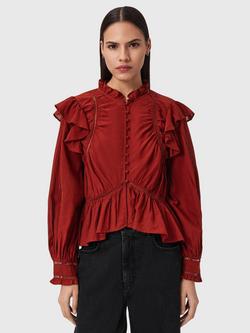 AllSaints Lima Ruffle Long Sleeve Top, Paprika Red, Paprika Red