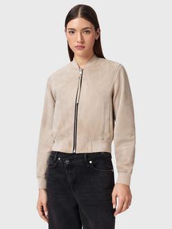 AllSaints Orten Suede Bomber Jacket, Silver Birch Grey, Silver Birch Grey