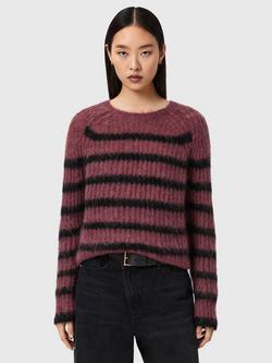 AllSaints Riga Wool Rich Stripe Jumper, Raspberry Pink/Black, Raspberry Pink/Black