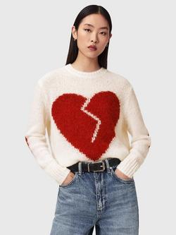 AllSaints Luv Broken Heart Wool Rich Jumper, Ecru White/Red, Ecru White/Red