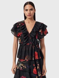 AllSaints Alma Floral Ruffle Top, Haze Black, Haze Black