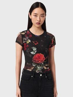 AllSaints Ellie Floral Mesh Top, Haze Black, Haze Black
