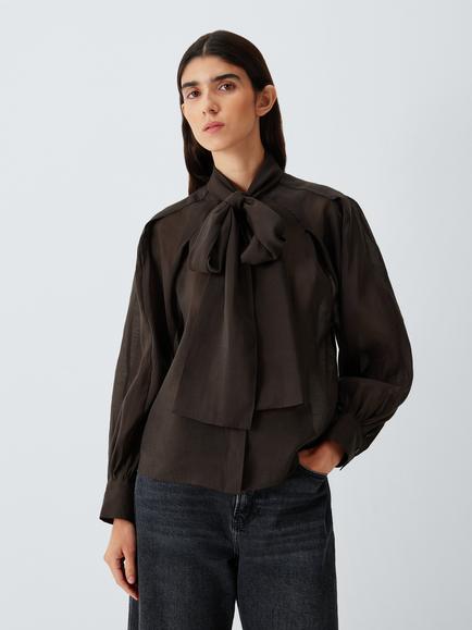 AND/OR Cassie Tie Neck Blouse containing TENCEL™ Lyocell, Chocolate, Chocolate