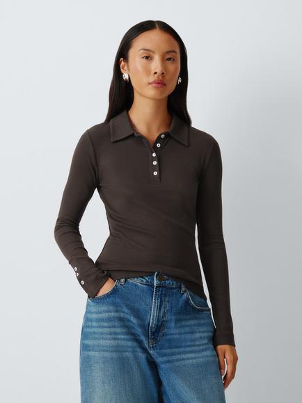 AND/OR Long Sleeve Cotton Knit Polo Shirt, Chocolate